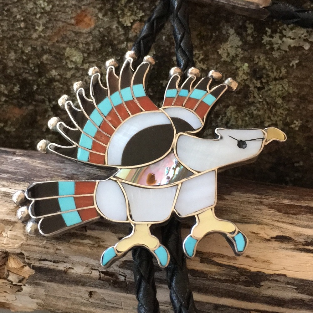 Vintage Charlotte Dishta Zuni Multi Stone Eagle Bolo